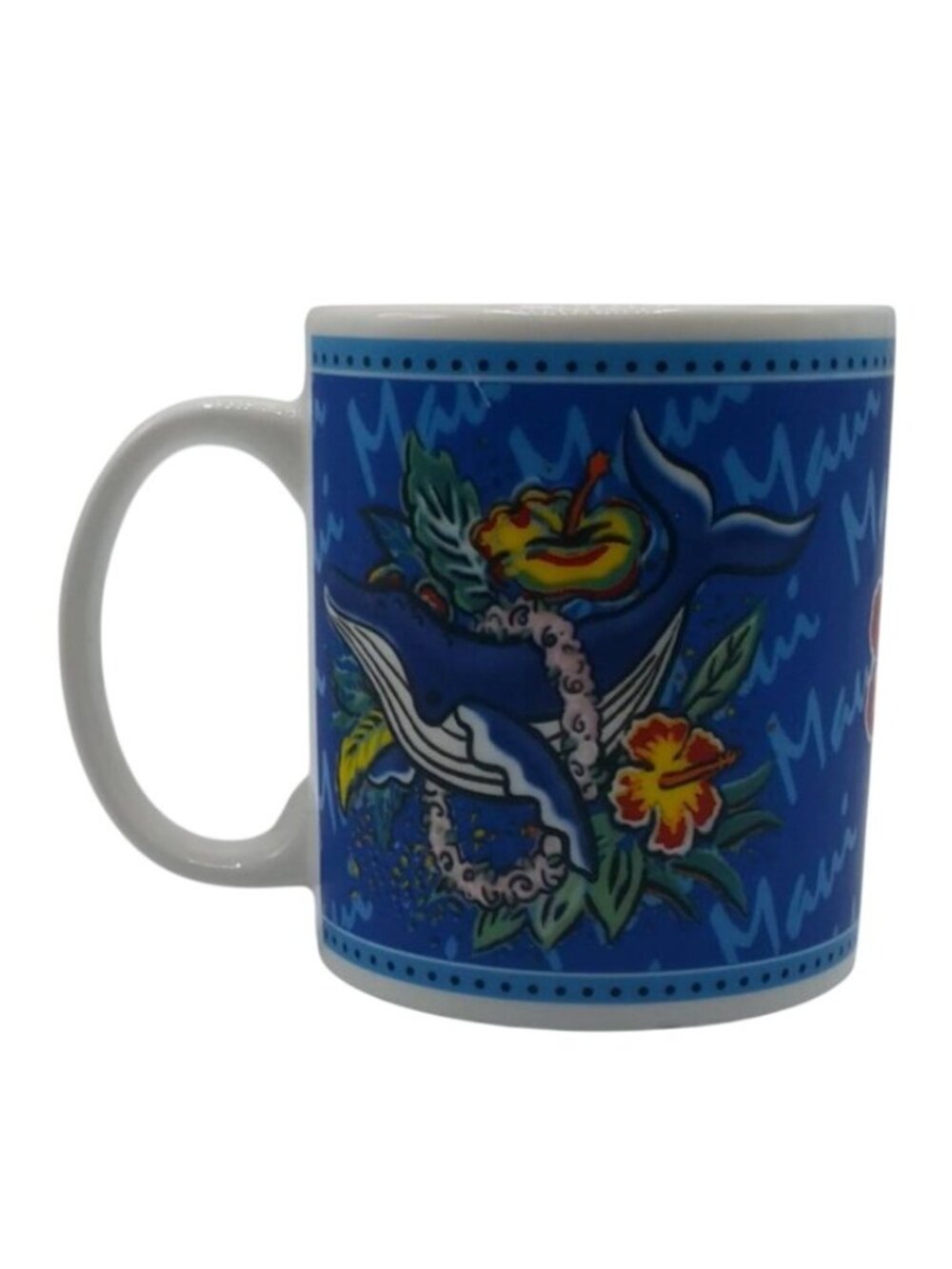 Hilo Hattie Maui Hawaii Mug Blue 10oz Whale Water Flower Hibiscus Souvenir 2002